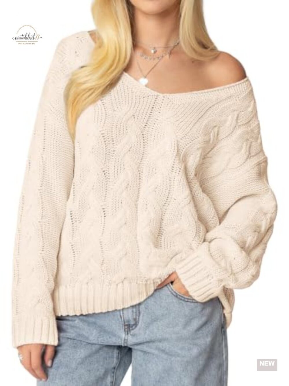 Oversized Cable Knit V-Neck Long Sleeve Sweater Pullover